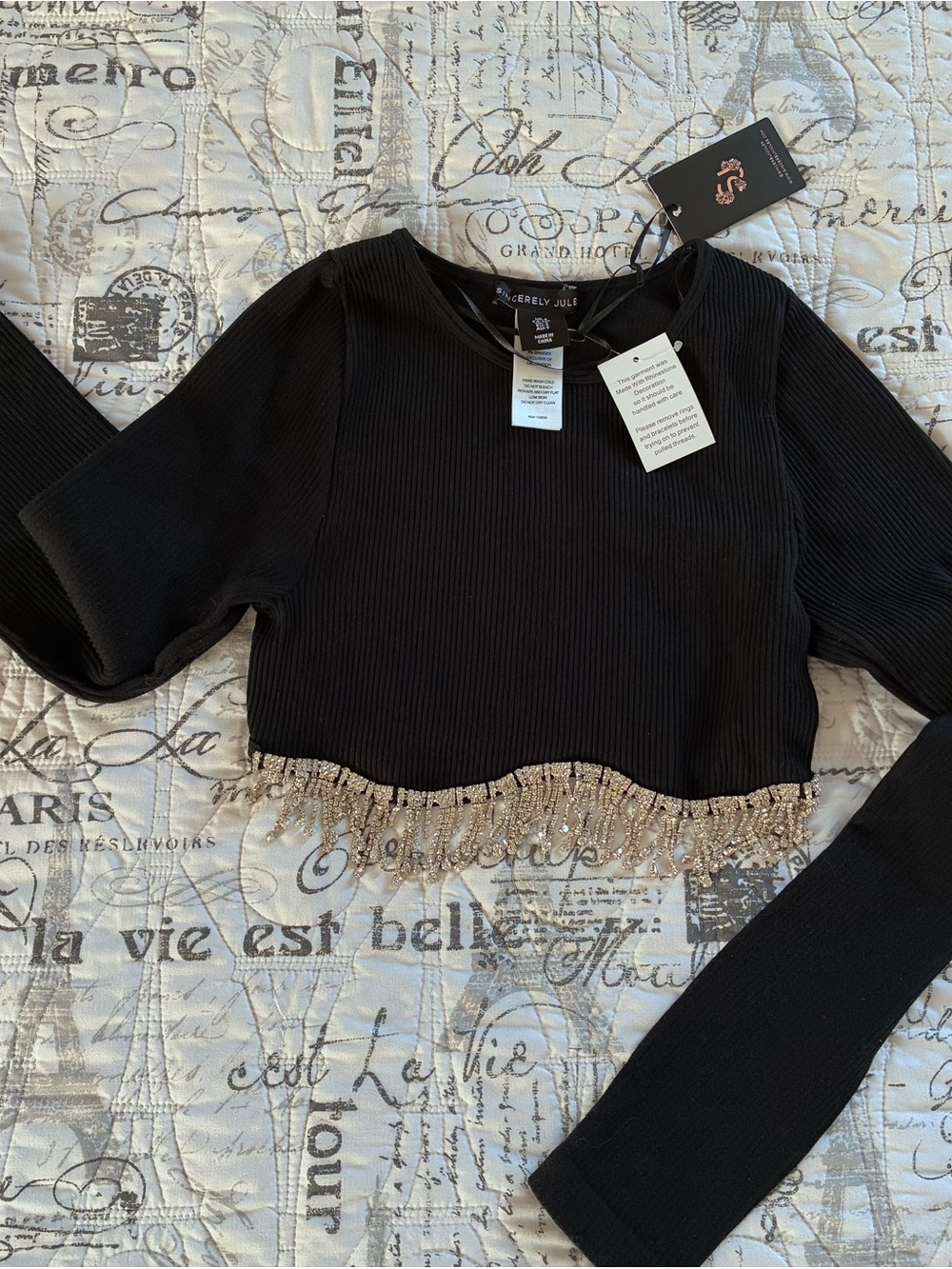 Sincerely Jules Black Ribbed Crop Top with Gold Beaded Fringe